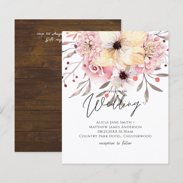 Rustic Blush Pink Floral Sage Budget Wedding Inv (Front/Back)