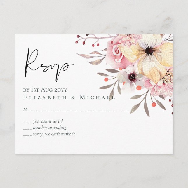 Rustic Blush Pink Floral Sage Wedding RSVP Postcard (Front)