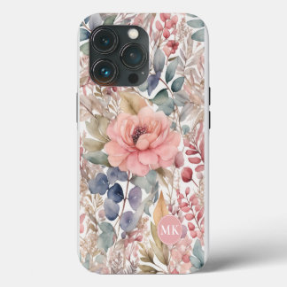Rustic Blush Pink Floral Watercolor Monogram iPhone 13 Pro Case