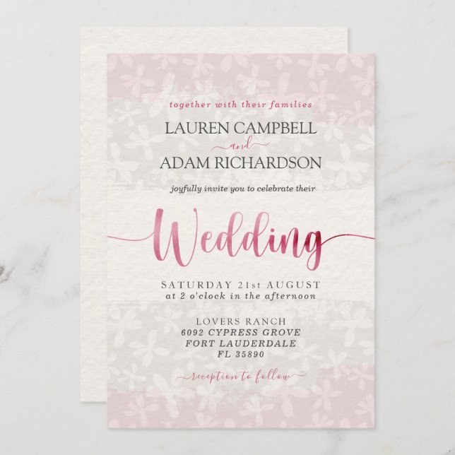 Rustic blush pink floral wedding invitation (Front/Back)