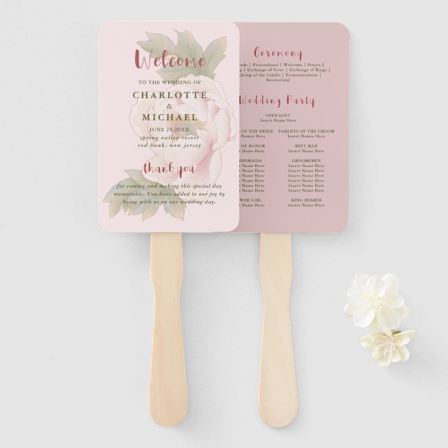 Rustic Blush Pink Floral Wedding Program  Hand Fan (Front and Back)
