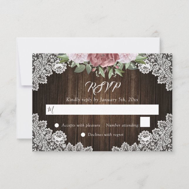 Rustic Blush Pink Floral Wood Lace Wedding RSVP Card (Front)