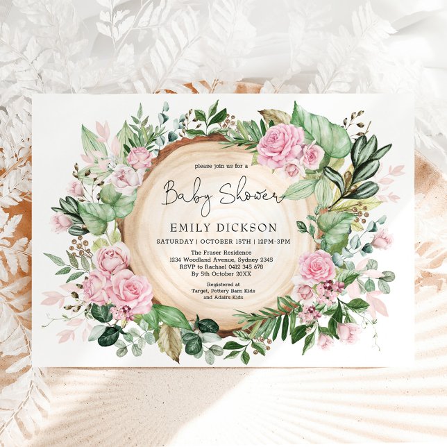 Rustic Blush Pink Flower Greenery Girl Baby Shower Invitation (Creator Uploaded)