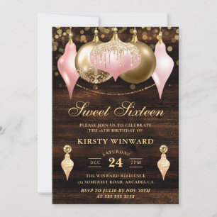 Rustic Blush Pink & Gold Baubles Sweet Sixteen Invitation