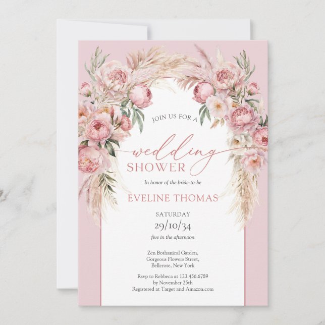 Rustic Blush pink peonies pampas Wedding Shower Invitation (Front)