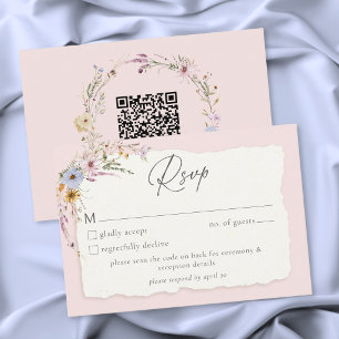Rustic Blush Pink Romantic Wildflower Wedding QR RSVP Card