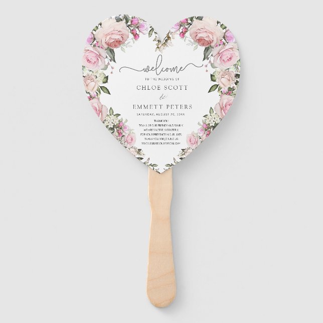 Rustic Blush Pink Rose Floral Wedding Program Hand Fan (Front)