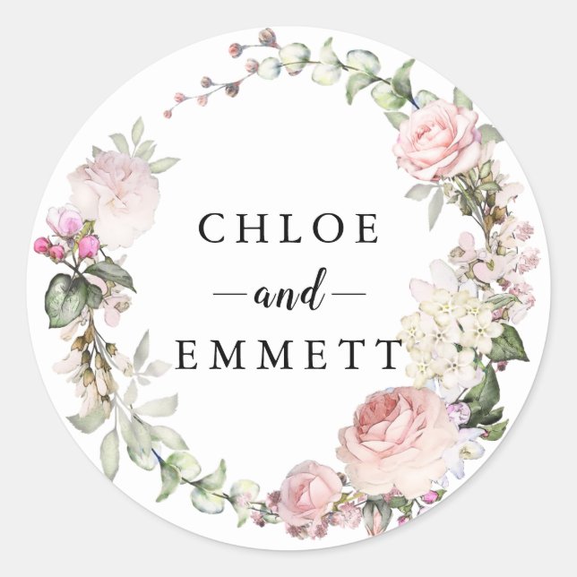 Rustic Blush Pink Rose Wreath Wedding Favour Classic Round Sticker (Front)