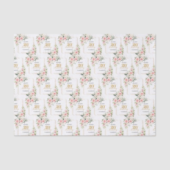 Rustic blush pink roses eucalyptus 20 birthday tissue paper (Front)