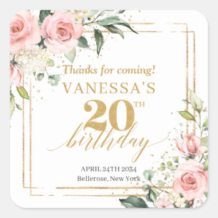 Rustic blush pink roses eucalyptus 20th birthday square sticker