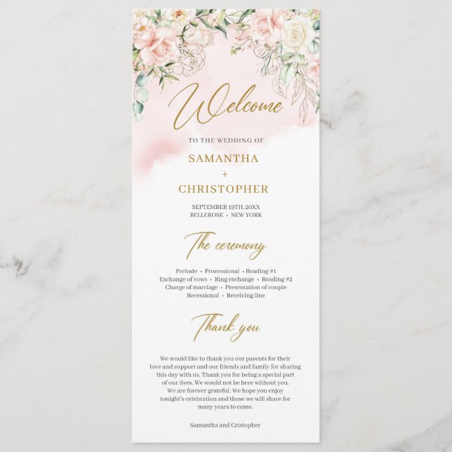 Rustic blush pink roses eucalyptus faux gold programme (Front)