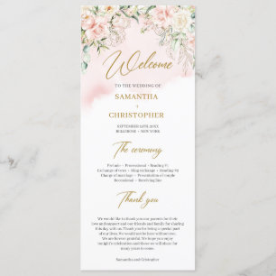 Rustic blush pink roses eucalyptus faux gold programme