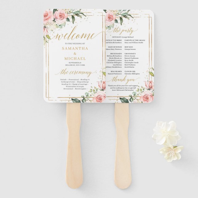 Rustic blush pink roses eucalyptus gold program hand fan (Front and Back)