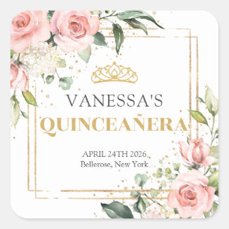 Rustic blush pink roses eucalyptus  Quinceañera Square Sticker