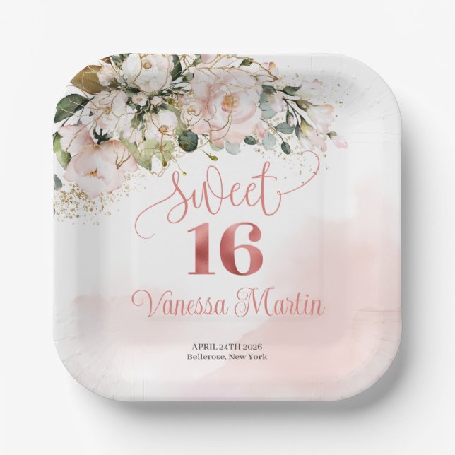 Rustic blush pink roses eucalyptus sweet sixteen paper plate (Front)