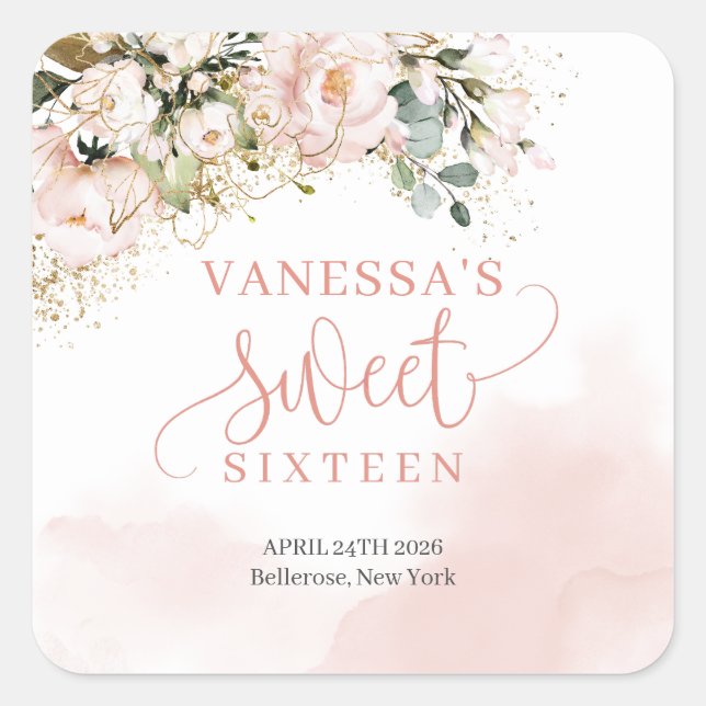 Rustic blush pink roses eucalyptus sweet sixteen square sticker (Front)