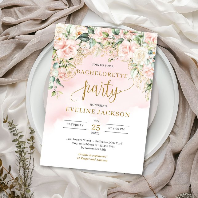 Rustic Blush pink roses gold bachelorette party Invitation (Elegant boho blush pink roses greenery gold bachelorette party invitation )