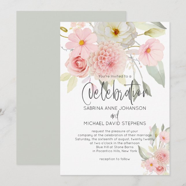 Rustic Blush Pink Watercolor Floral Wedding  Invitation (Front/Back)