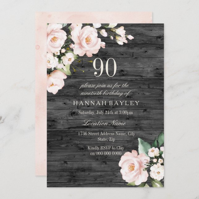 Rustic Blush Pink & White Floral 90th Birthday Invitation (Front/Back)
