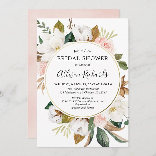Rustic blush pink white magnolia bridal shower invitation (Front/Back)