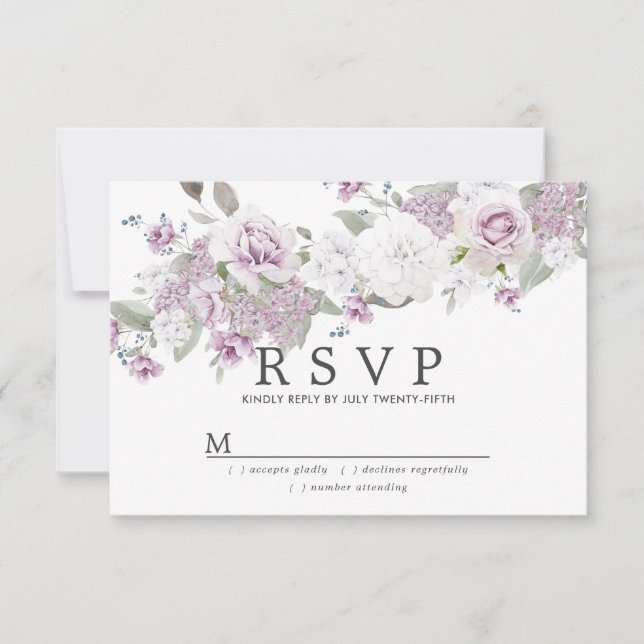 Rustic Blush Purple White Floral Wedding RSVP Card (Front)