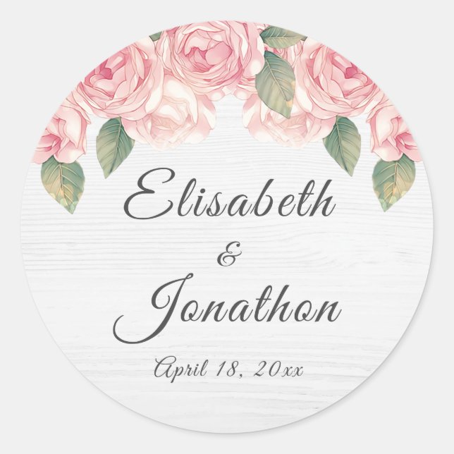 Rustic Blush Rose White Wood Wedding Classic Round Sticker (Front)