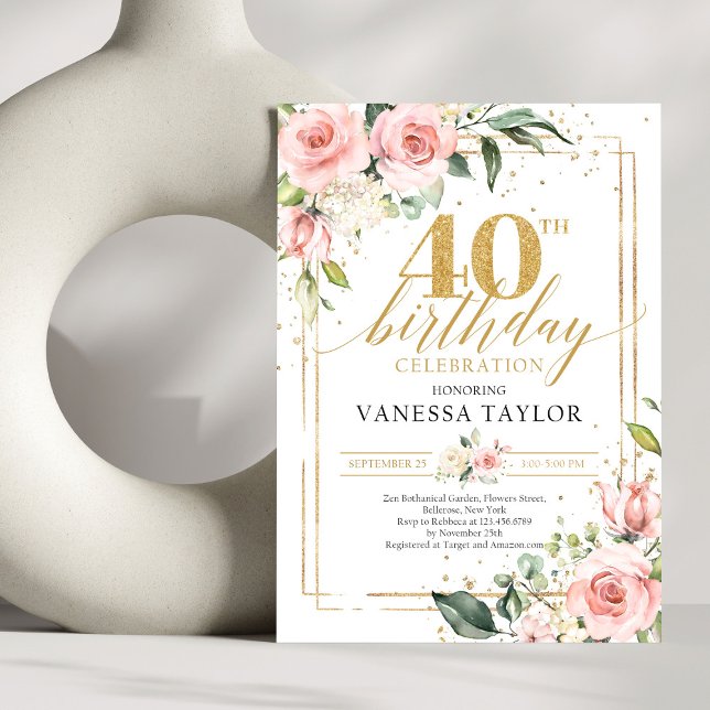 Rustic blush roses eucalyptus gold 40th birthday invitation (Modern Boho blush pink floral gold glitter sparkles 40th birthday invitation digital)