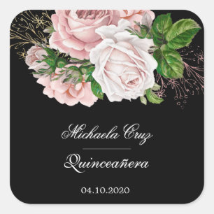 Rustic blush roses on black quinceanera square sticker