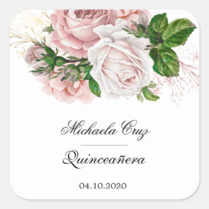 Rustic blush roses on white quinceanera square sticker