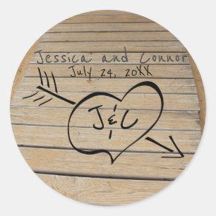 Rustic Boardwalk, Heart & Initials Beach Wedding Classic Round Sticker