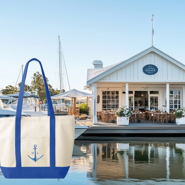 Rustic Boat Anchor Monogrammed Contrast Trim Tote (blue boat anchor monogrammed contrast trim tote bag)