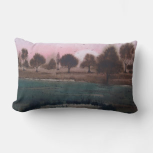 rustic boggy woodland autumn Landscape sunset sky Lumbar Cushion