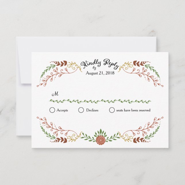 Rustic Bohemian Autumn Floral Wreath Wedding RSVP Card (Front)