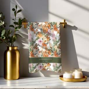 Rustic bohemian botanical winter citrus Christmas Tea Towel