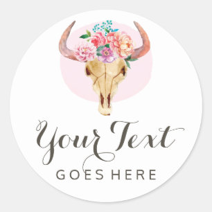 Rustic Bohemian Cow Skull Watercolor Blush Floral Classic Round Sticker