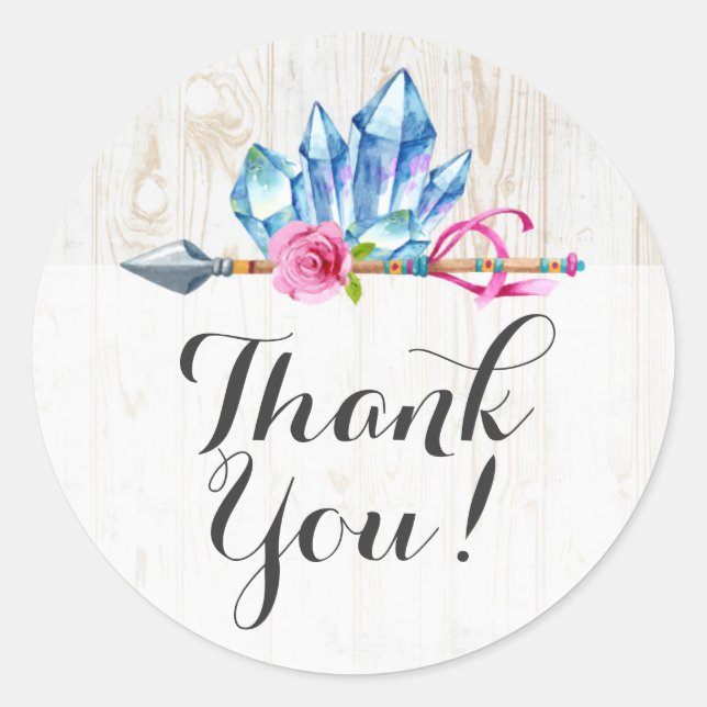 Rustic Bohemian Crystal Gems & Arrow Thank You Classic Round Sticker (Front)