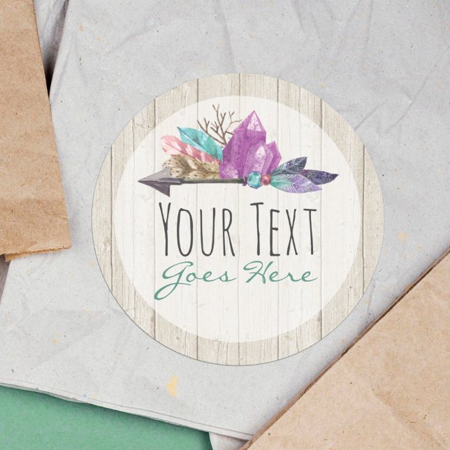 Rustic Bohemian Crystals & Arrow Watercolor Wood Classic Round Sticker (Creator Uploaded)