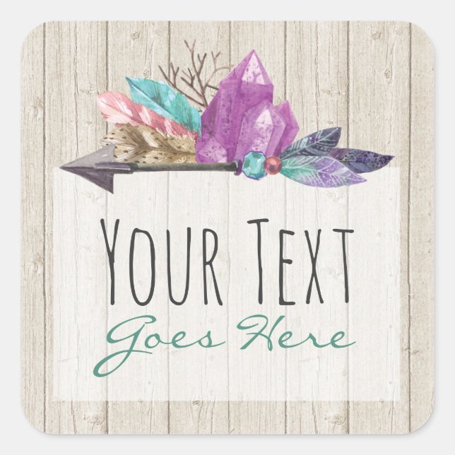 Rustic Bohemian Crystals & Arrow Watercolor Wood Square Sticker (Front)