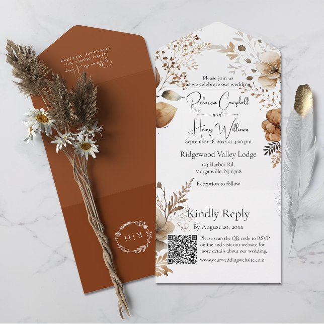 Rustic Bohemian Fall Autumn QR Code Wedding All In One Invitation (Save time with this all-in-one wedding invitation, which includes a QR code for easy  online RSVP.)