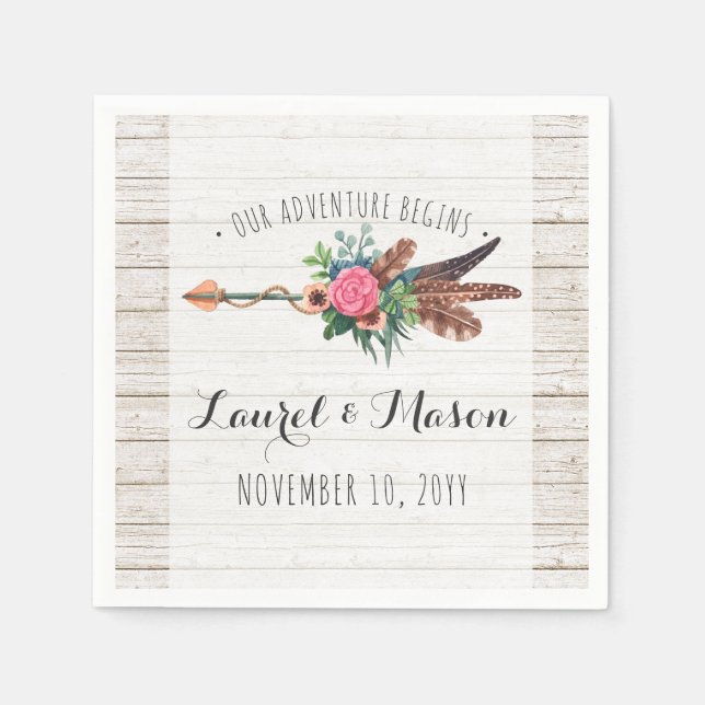 Rustic Bohemian Feathers Arrow Wedding Reception Napkin (Front)