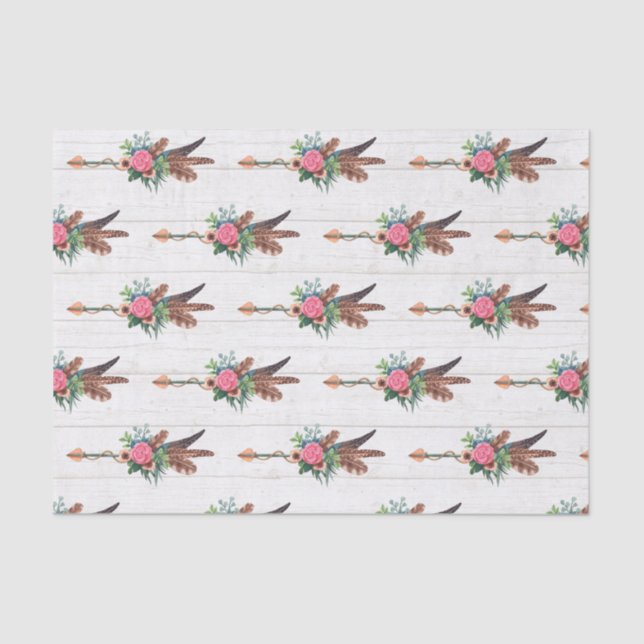 Rustic Bohemian Feathers & Rose Arrow Wedding Tissue Paper (Front)