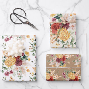 Rustic Bohemian Flowers Pampas Grass Greenery Wrapping Paper Sheet
