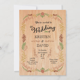 Rustic Bohemian Foliage Wreath on Wood Invitation