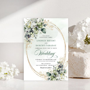 Rustic Bohemian Greenery Gold Wedding Invite