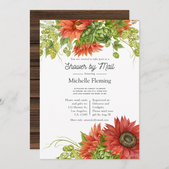 Rustic Bohemian Red Sunflower Shower by Mail Invitation (Front/Back)