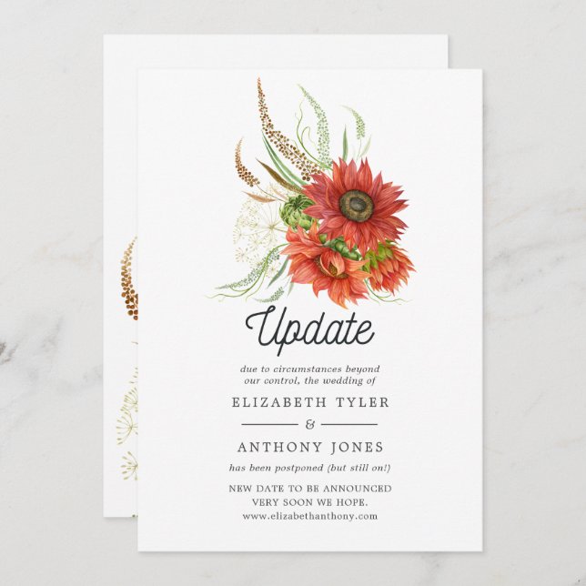 Rustic Bohemian Red Sunflower Wedding Update Invitation (Front/Back)