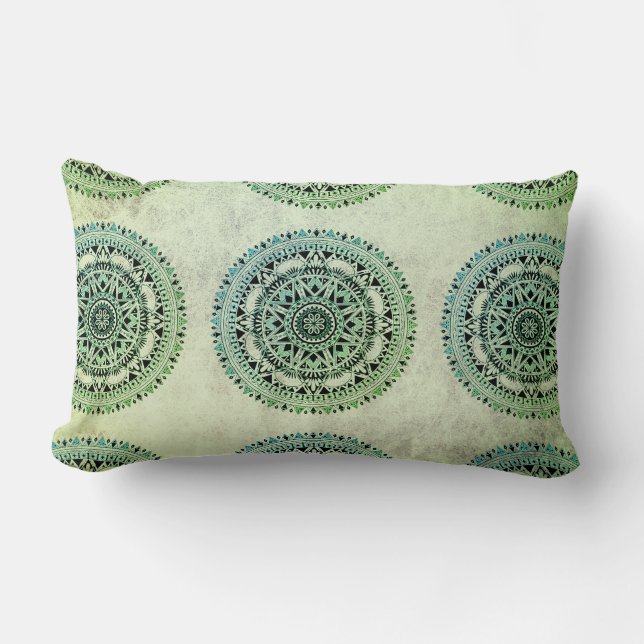 Rustic Bohemian Sage And Green Mandala Pattern Lumbar Cushion (Front)