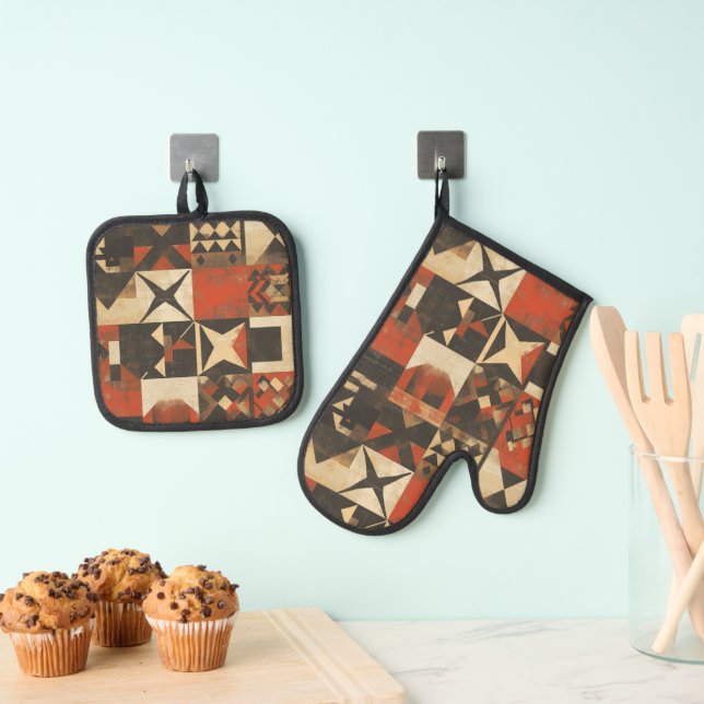 Rustic Bohemian Star Pattern Oven Mitt & Pot Holder Set (Insitu(Hanging))