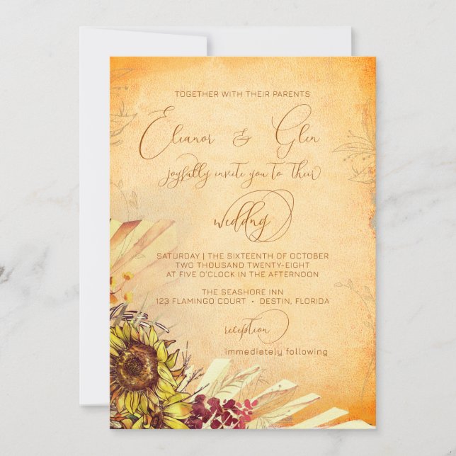 Rustic Bohemian Sunflower Wedding Invitation (Front)
