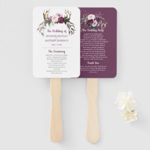 Rustic Boho Antlers Purple Plum Peonies Wedding Hand Fan